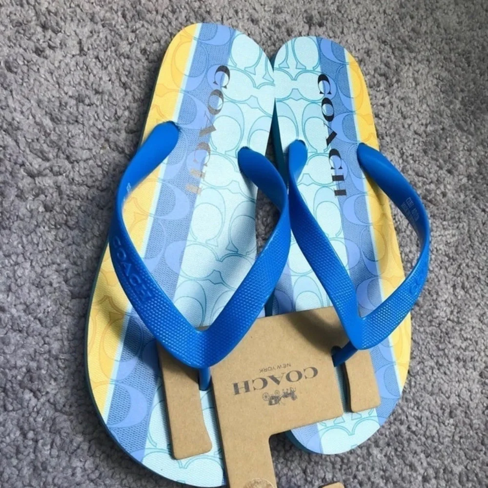 Coach Blue and Yellow Flip Flops - Picture 2 of 4